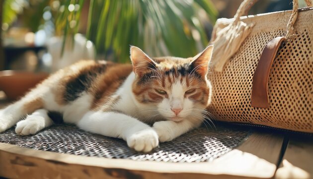 Relaxing Calico Cat Sunbathing on Sunny Patio with Straw Bag
