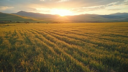 Vast Field at Sunset: Golden Light Bathes Rolling Hills and Lush Green Plants