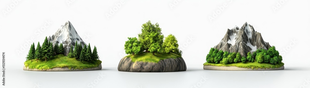 Poster scenic view of three small trees nestled amongst smooth rocks in a natural landscape highlighting ea