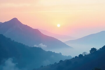 Fototapeta premium Ethereal blend of peach and blue tones, reminiscent of a misty dawn, serene landscape, foggy, pastel colors