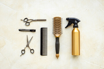 Layout of hairdresser tools set, top view. Combs and scissors on white background