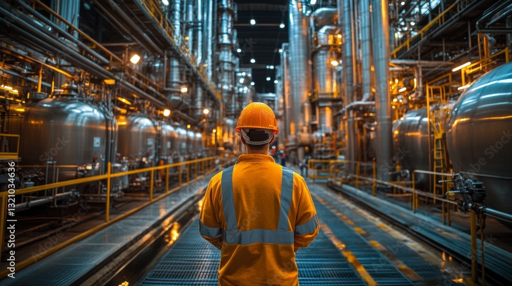 Poster a worker in safety gear stands in a petrochemical refinery, surrounded by large storage tanks and in