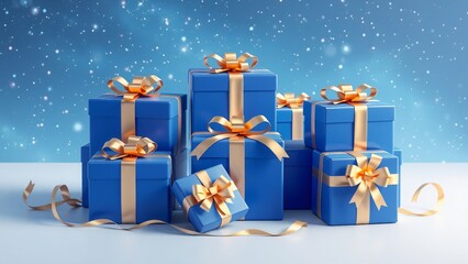 illustration of blue gifts with golden bows and ribbons placed on blue background near stars