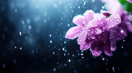Captivating image of a purple flower adorned with delicate raindrops, illustrating the beauty of nature and the tranquility brought by fresh rainfall.