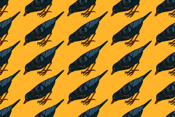 Botanical abstract seamless pattern with garden birds vector illustration. Colorful repeating cartoon pattern common starling in yellow background. Graphic design for Fashion Cover Textile Birthday