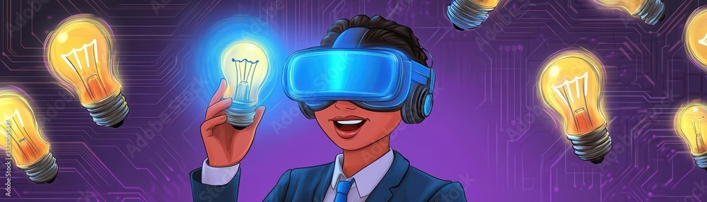 Poster man with virtual reality headset holding a glowing light bulb symbolizing innovative ideas and digit