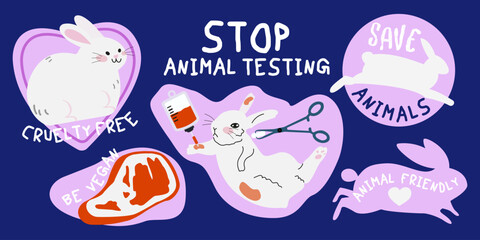 Stop animal testing vector illustration. Cruelty free cartoon poster with white rabbit. Protest against laboratory work. Animals protection stickers