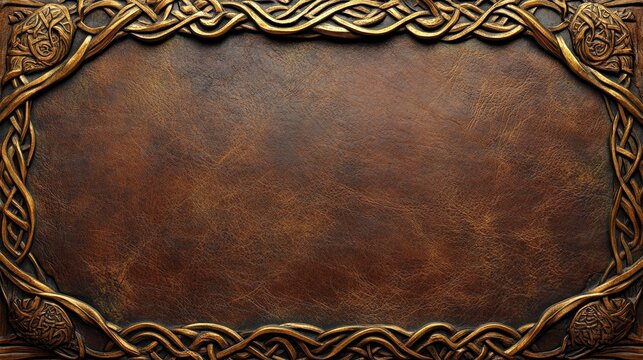 Fantasy-style brown leather sheet with a thin golden scrolled archway from bottom left to top and down to the bottom right, featuring a Celtic-style ornate gold border and intricate detailing.