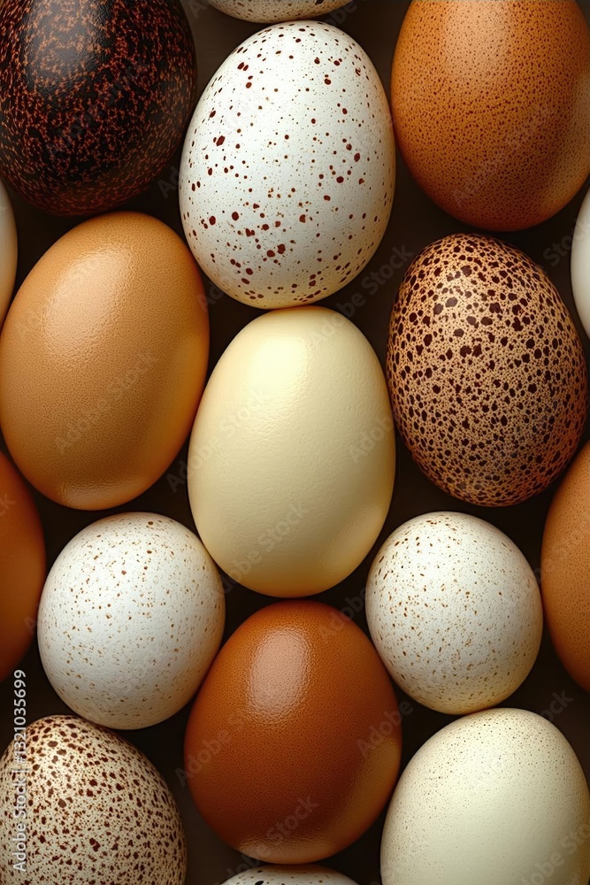 Poster assorted eggs of various colors and patterns arranged closely on a neutral background