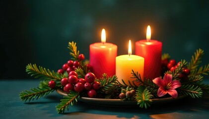 Evergreen branches adorned with colorful flowers and berries, lit by four warm candles, floral, evergreen, advent