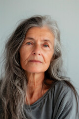 AI-generated photo of a beautiful mature woman with long gray hair looking at a camera.  Close up portrait