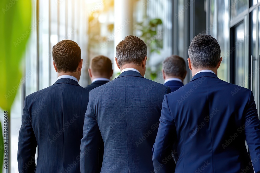 Poster group of professional men dressed in suits engaged in discussion inside a modern office space with c