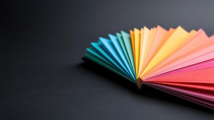 Obraz premium An artistic representation featuring a variety of colorful papers fanned out on a sleek dark surface, embodying creativity, organization, and the beauty of simple materials.