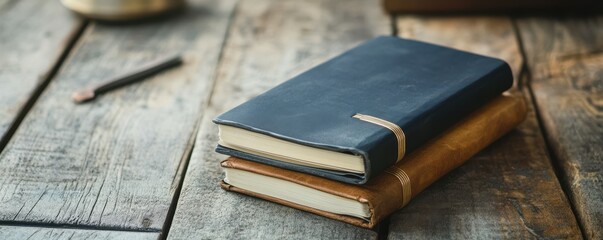 Stack of closed journals on rustic wooden table with pencil in background