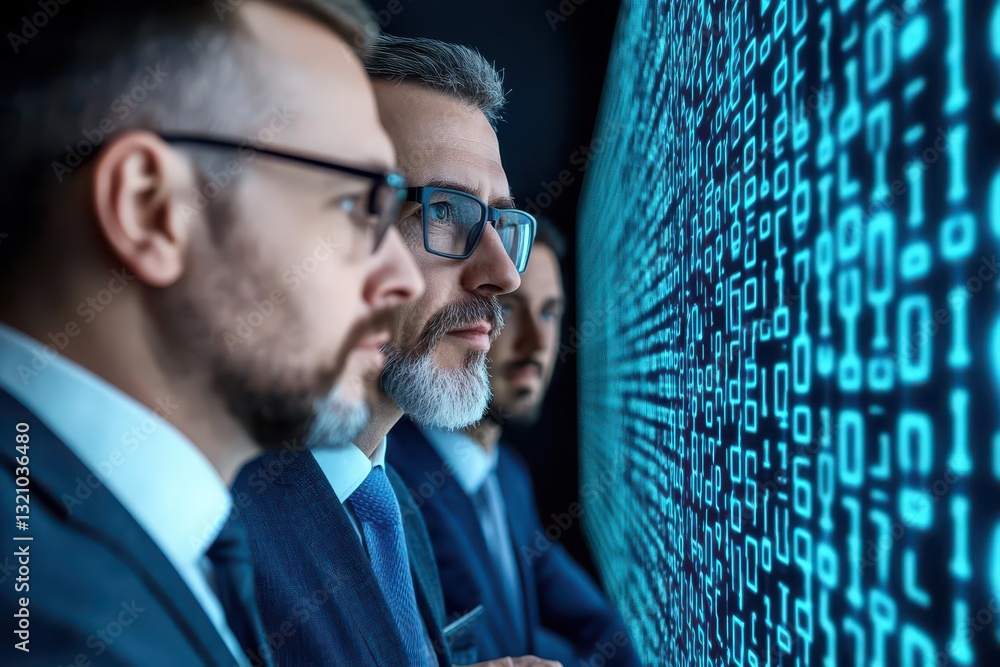 Poster Two concentrated men analyzing data on a computer screen together in a modern office environment with collaborative spirit