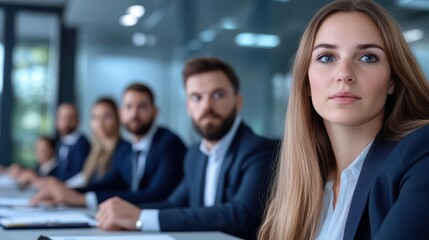 Dedicated woman contributing actively in a business meeting with colleagues and engaging in important discussions