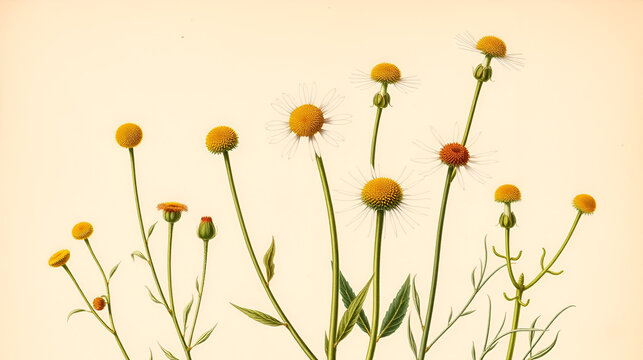 Old chromolithograph illustration of Botany, scentless false mayweed, scentless mayweed, scentless chamomile, wild chamomile, mayweed, false chamomile, and Baldr's brow