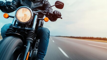 A dynamic shot of a biker speeding along an open highway, conveying a sense of adrenaline and liberation, surrounded by the vastness of endless roads and blue skies.