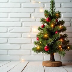 Fototapeta premium Ornate tree, twinkling lights, white brick backdrop, decor, backdrop