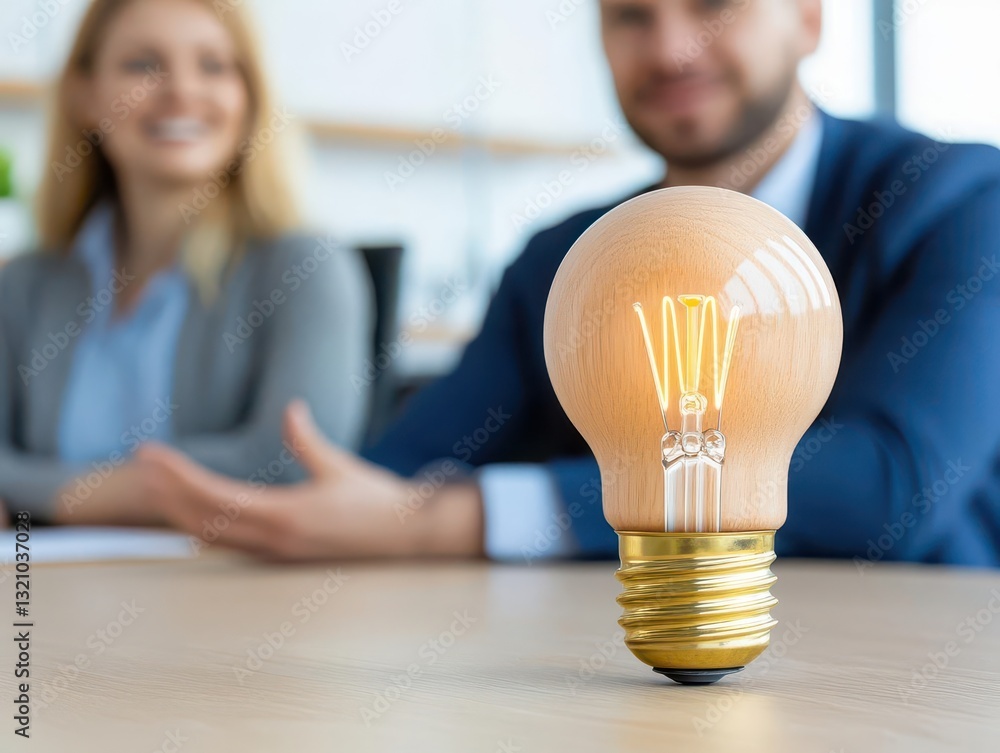 Poster A bright light bulb placed on a table symbolizing innovative ideas and creative thinking in a modern workspace setting