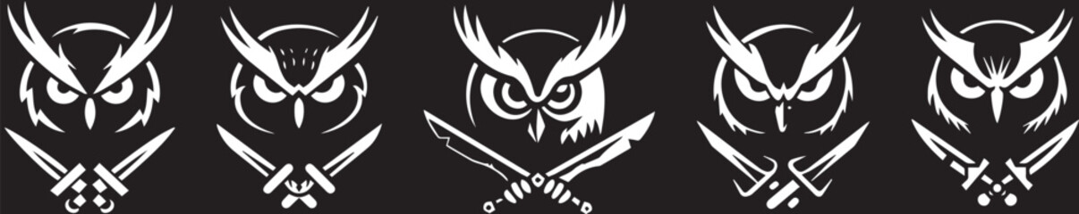 Owl Head with Crossed Swords Vector Illustration on Black Background
