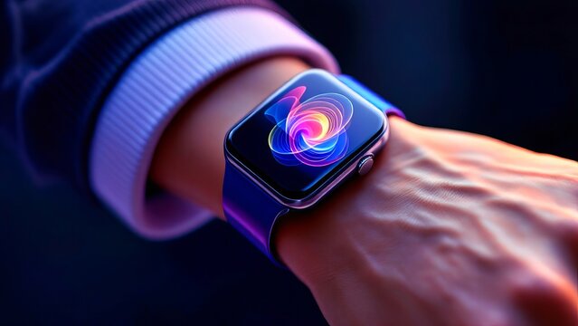 Close-up of a smartwatch on a wrist displaying a vibrant, colorful swirling design on its screen against a dark background.