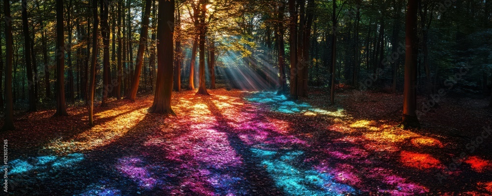 Poster sunlight creating rainbow patterns on forest floor through tall trees at sunrise