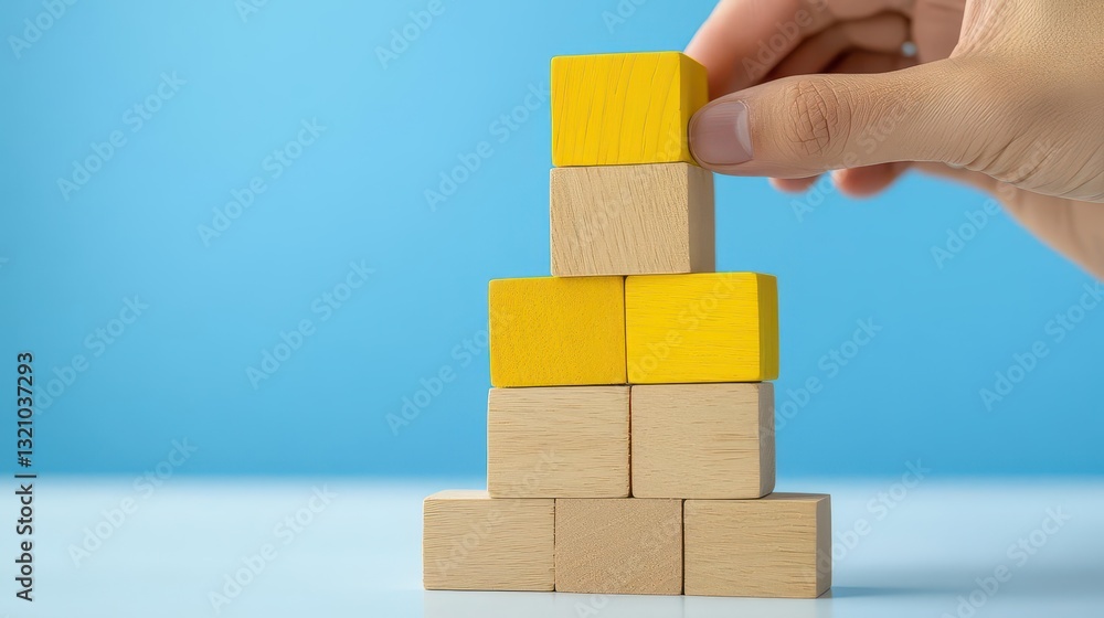 Poster Close-up of a hand delicately placing a block of wood on a stack reflecting focus and precision in craftsmanship