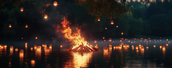 Fototapeta premium Lanterns and bonfire on tranquil lake during evening twilight