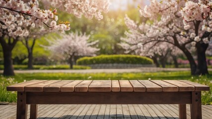 Fototapeta premium Cherry blossom trees in full bloom, park setting, wooden deck in foreground, spring landscape, soft pink petals, lush green grass, tranquil atmosphere, nature photography, shallow depth of field