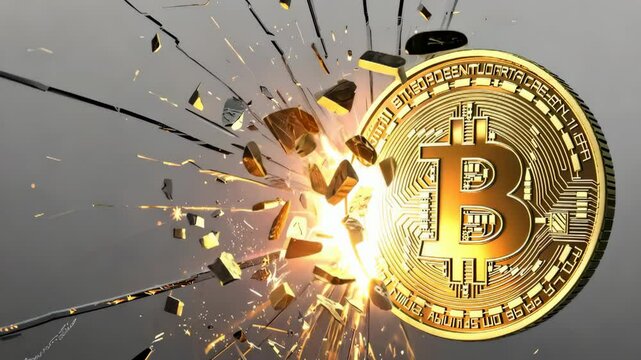 Dynamic bitcoin explosion depicting cryptocurrency impact and volatility with shattering glass effect