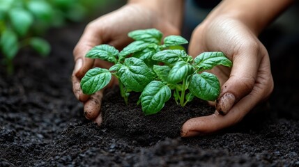 Hands planting potato seedling in garden soil