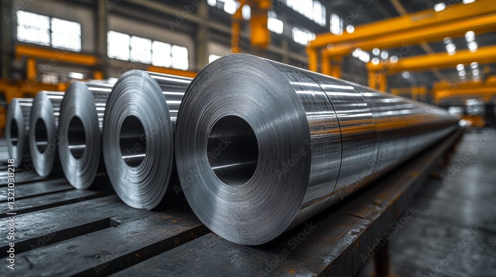 Poster in a large factory setting, multiple rolls of steel and aluminum are neatly arranged on wooden palle
