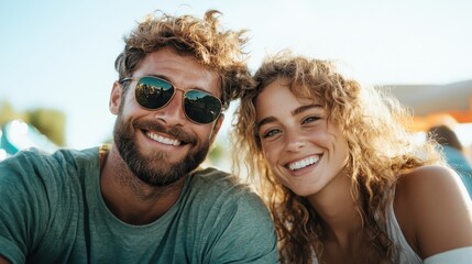 A cheerful couple poses for a photo in summer attire, embodying joy and connection while basking in the warm sunlight, surrounded by a relaxing outdoor atmosphere.