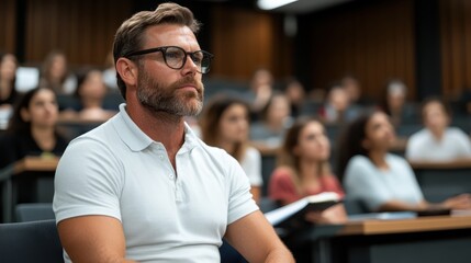 A dedicated male student listens intently in a lecture hall filled with fellow students, emphasizing a commitment to learning and academic growth in a modern educational environment.