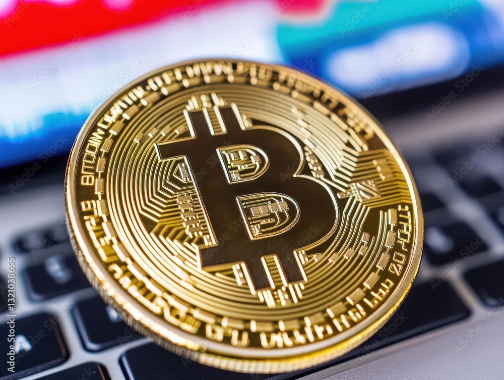 Poster a bitcoin coin resting on a laptop keyboard symbolizing modern finance, technology, and digital curr