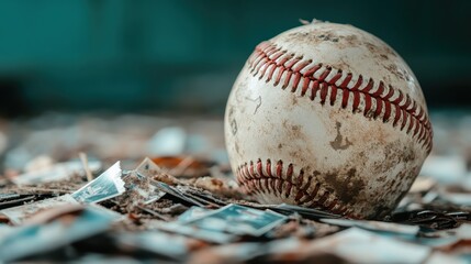 A timeworn baseball lies on scattered, weathered scrapbook pages, evoking feelings of nostalgia and the joys of youth captured through the lens of vintage sports memorabilia.