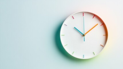 A minimalist round clock with soft pastel color accents provides a tranquil and modern feel, blending seamlessly into a serene background for an elegant touch.