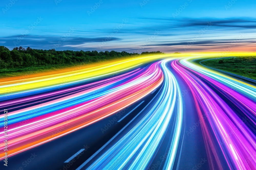 Poster Dynamic highway scene featuring light streaks from fast-moving vehicles creating an energetic nighttime urban atmosphere