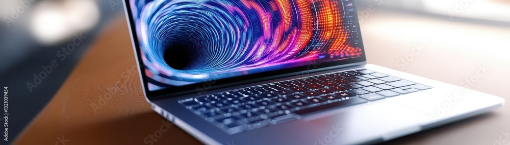 Poster laptop with a colorful swirl design on the screen representing creativity and artistic expression in