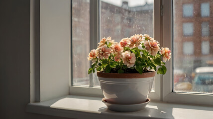 Fototapeta premium beautiful flowers on window sill in room, space for text 