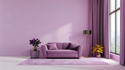 purple couch and standard lamp in a room