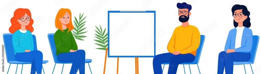 Poster group of diverse individuals sitting in a row with a whiteboard placed in the middle in a collaborat