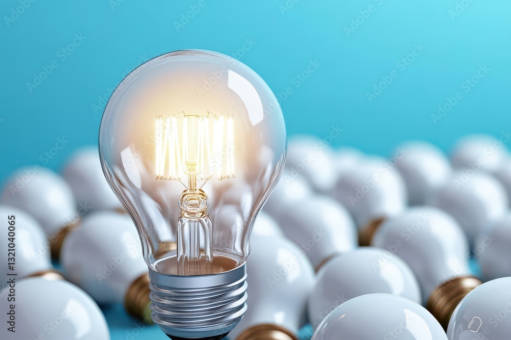 Aufkleber light bulb surrounded by multiple white bulbs creating a contrast of brightness and illuminating ide