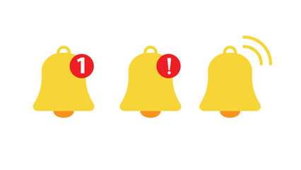 Notification bell icon set on white background. Alert alarm sign symbol.