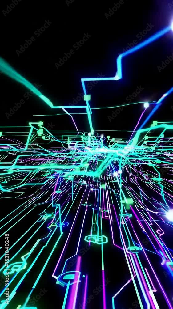 Aufkleber futuristic neon circuitry: pulsating digital network in motion
