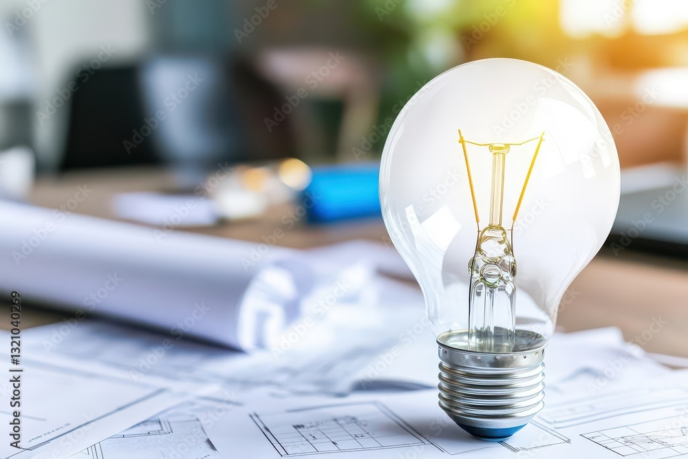 Poster light bulb placed on top of detailed blueprint illustrating innovative ideas and creative solutions 