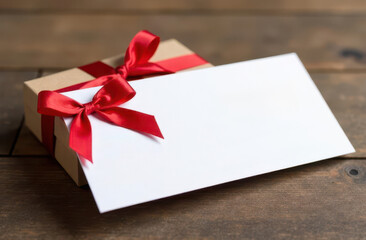 Gift certificate presented on a rustic wooden table with a wrapped box