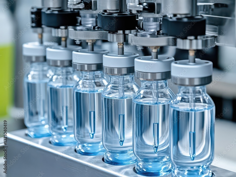 Leinwandbilder a high-tech machine operating with a large amount of vivid blue liquid flowing through its complex s