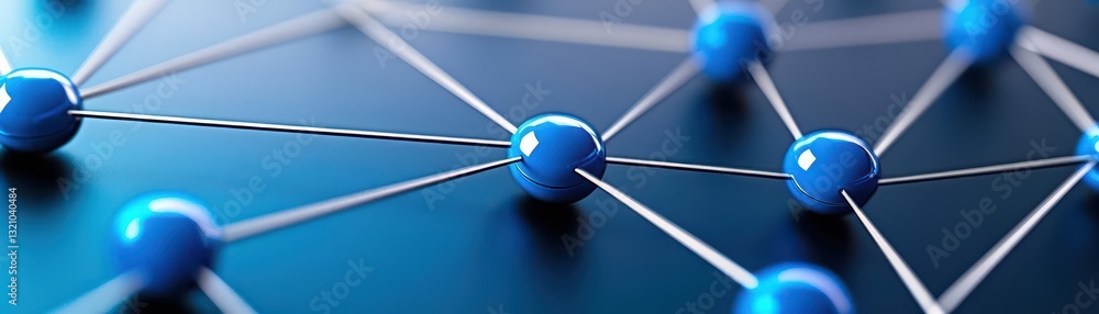 Poster An intricate network of blue spheres interconnected by lines representing data flow and modern communication